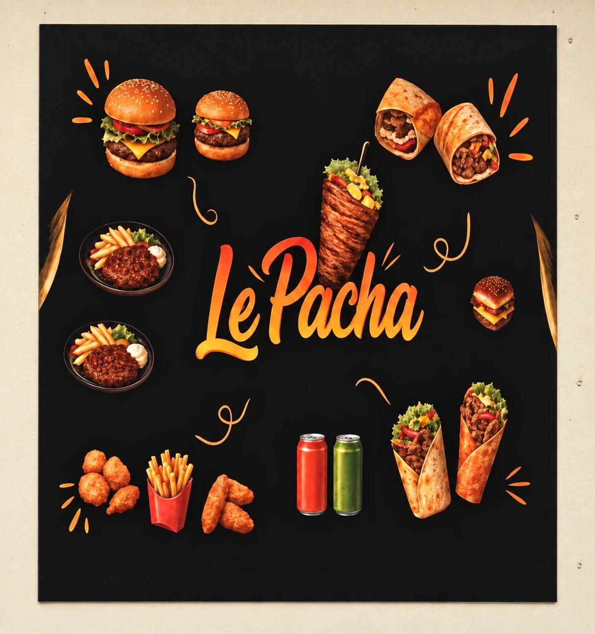 Affiche Le Pacha présentant burgers, kebabs, frites et boissons